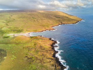 An aerial view of Anakena Beach at Easter Island, maybe the nicest beach in Chile. Easter Island is better known as their Moais statues however it has incredible places