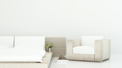 Fototapeta na wymiar White bedroom and living area in hotel or apartment - Bedroom simple design on white tone- 3D Rendering