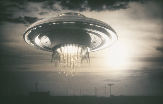Old UFO picture. Image concept of aliens. Rendering 3D over the real picture. Clipping path of the photo frame included.