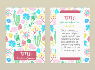 Cover design with floral pattern. Hand drawn creative flowers. Colorful artistic background with blossom. It can be used for invitation, card, cover book, notebook. Size A4. Vector illustration, eps10