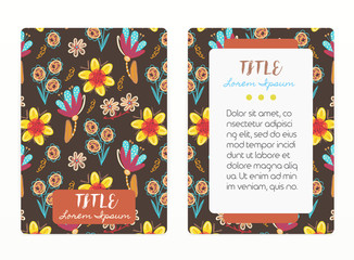 Cover design with floral pattern. Hand drawn creative flowers. Colorful artistic background with blossom. It can be used for invitation, card, cover book, notebook. Size A4. Vector illustration, eps10