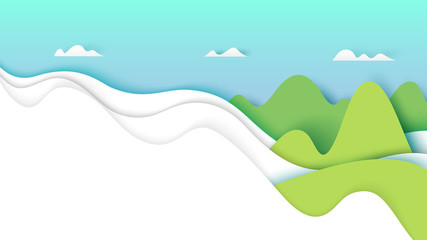 Nature landscape with clouds and mountains.Paper art style vector illustration.