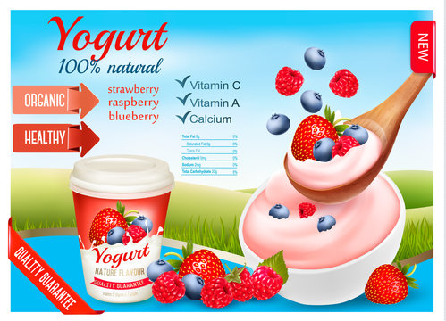 Fruit yogurt with berries advert concept. Yogurt flowing into cup with fresh berries. Design template. Vector.