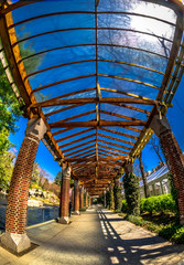 Distorted Perspective on a Wooden Breezeway Through a Fish Eye Lens