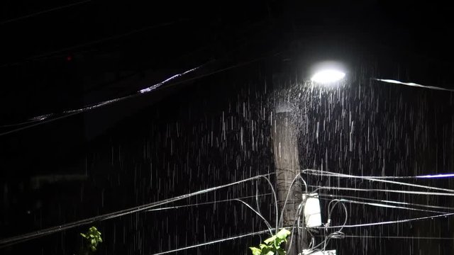 Heavy Drops of rain during storm at night, weather background