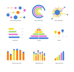 Fototapeta premium Infographic Elements Vector Set Modern Business Process Presentation. Pie Chart, Circular Bar, Linear Diargam Targeting, Development Report. Chart Graphic Business Statistics Cool Infographic Template