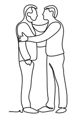 Men hugging. Continuous line drawing. Isolated on the white background. Vector monochrome, drawing by lines. sketch