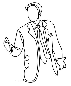 Business and people concept - businessman on presentation in office. Continuous line drawing. Isolated on the white background. Vector monochrome, drawing by lines. sketch