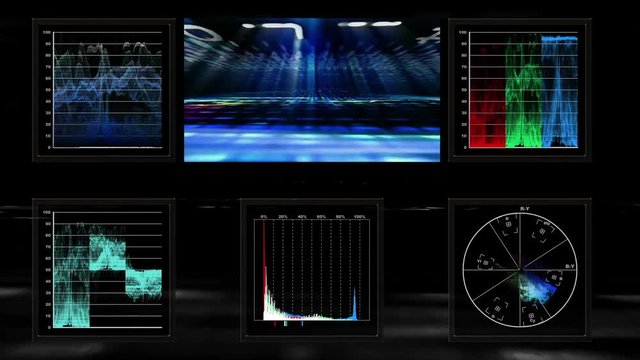 Technical screen display of pulsing video data (Loop).