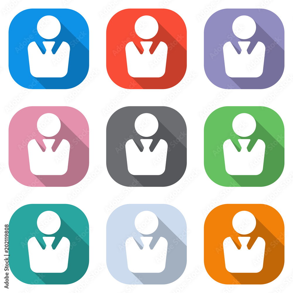Poster business man icon. set of white icons on colored squares for applications. seamless and pattern for 