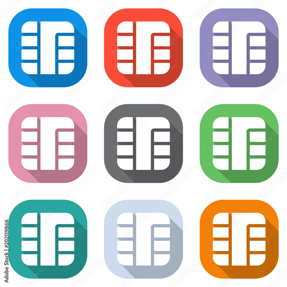 Poster chip of credit card icon. set of white icons on colored squares for applications. seamless and patte