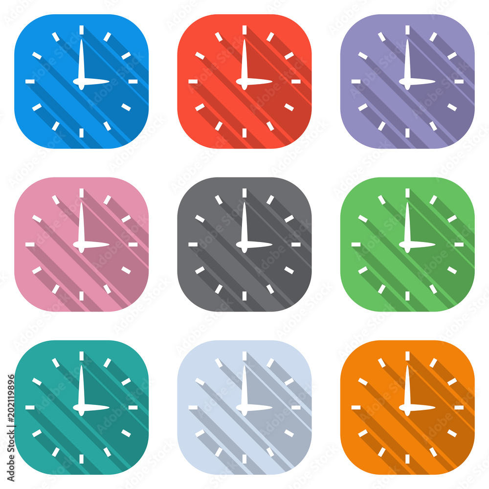 Poster simple icon of clock. set of white icons on colored squares for applications. seamless and pattern f