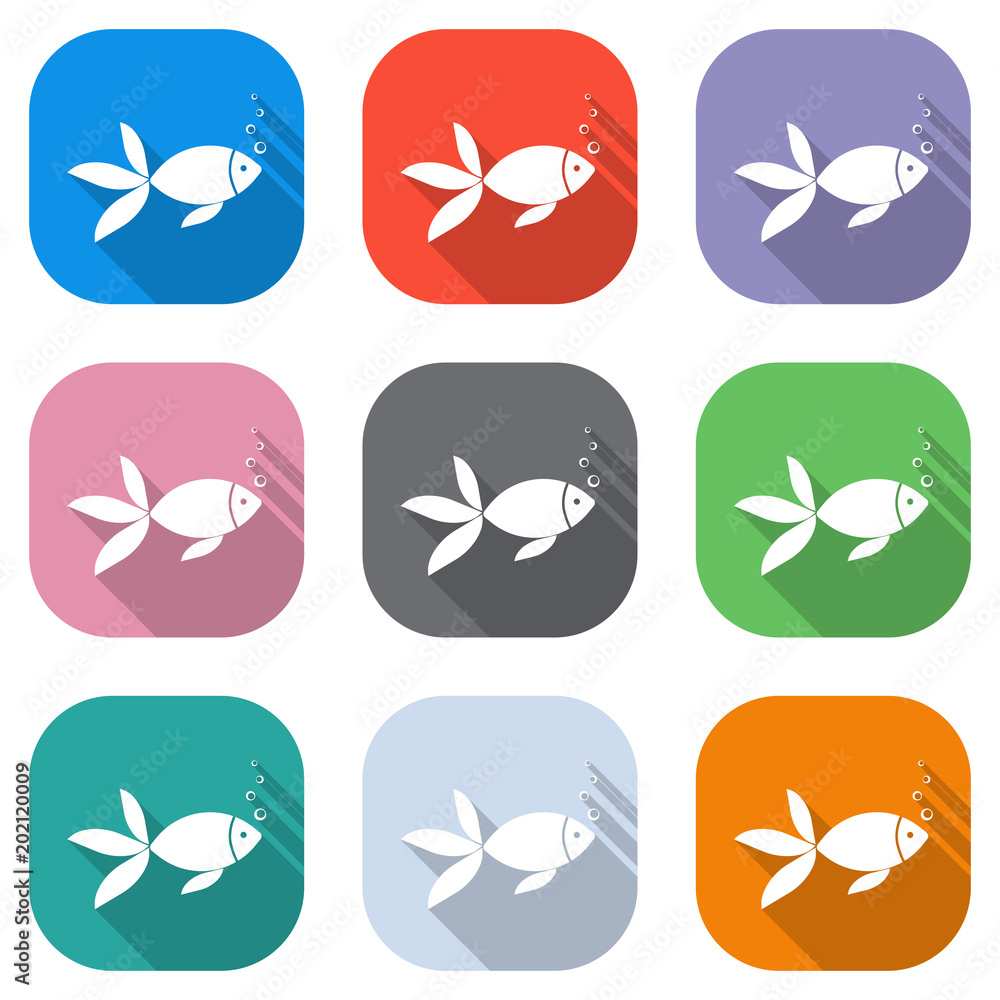 Poster fish with bubbles icon. set of white icons on colored squares for applications. seamless and pattern