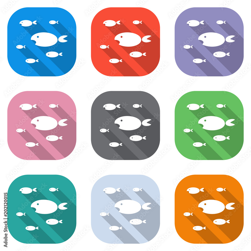 Poster school of fishes. set of white icons on colored squares for applications. seamless and pattern for p