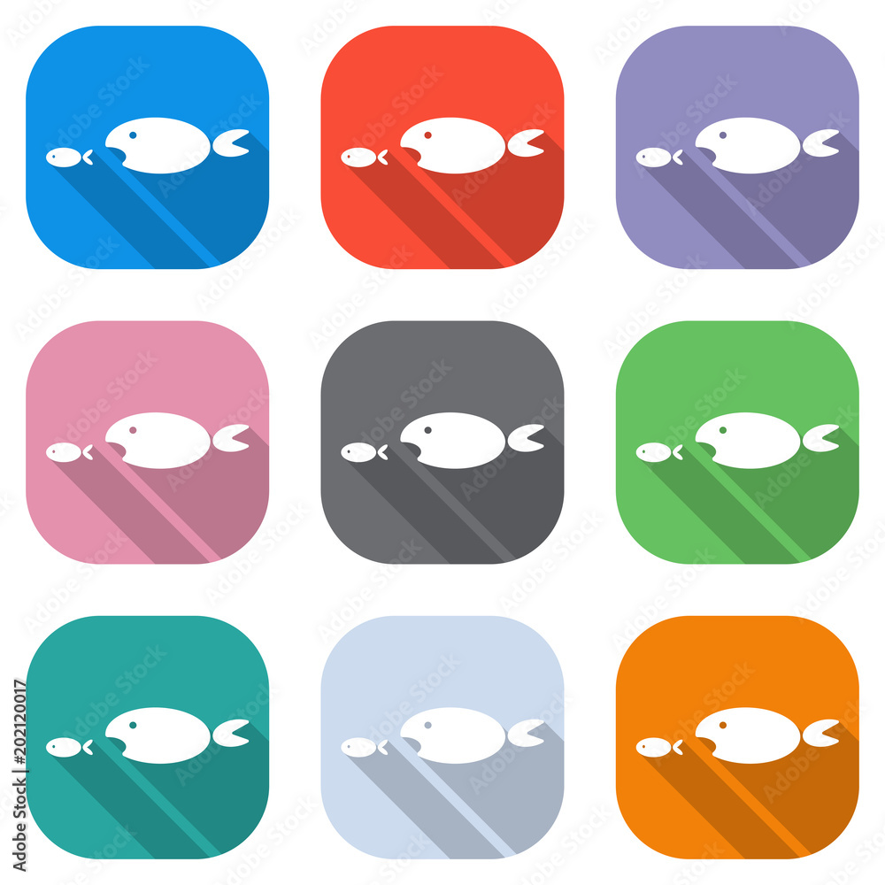 Poster fish eating fist. set of white icons on colored squares for applications. seamless and pattern for p