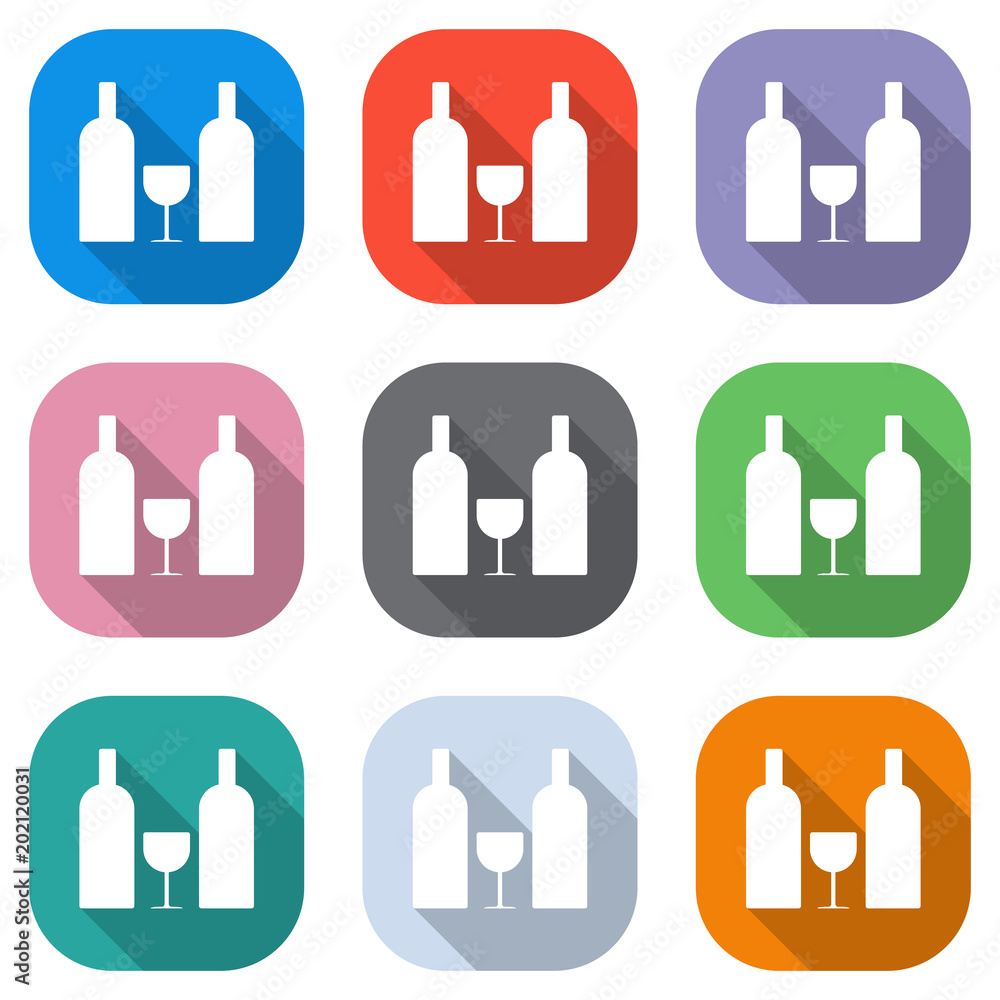 Poster glass and bottles icon. set of white icons on colored squares for applications. seamless and pattern
