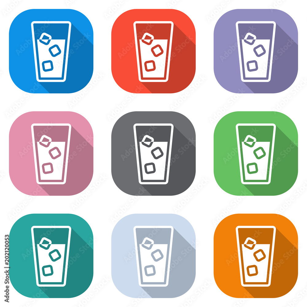 Poster glass of water with ice cubes icon. set of white icons on colored squares for applications. seamless