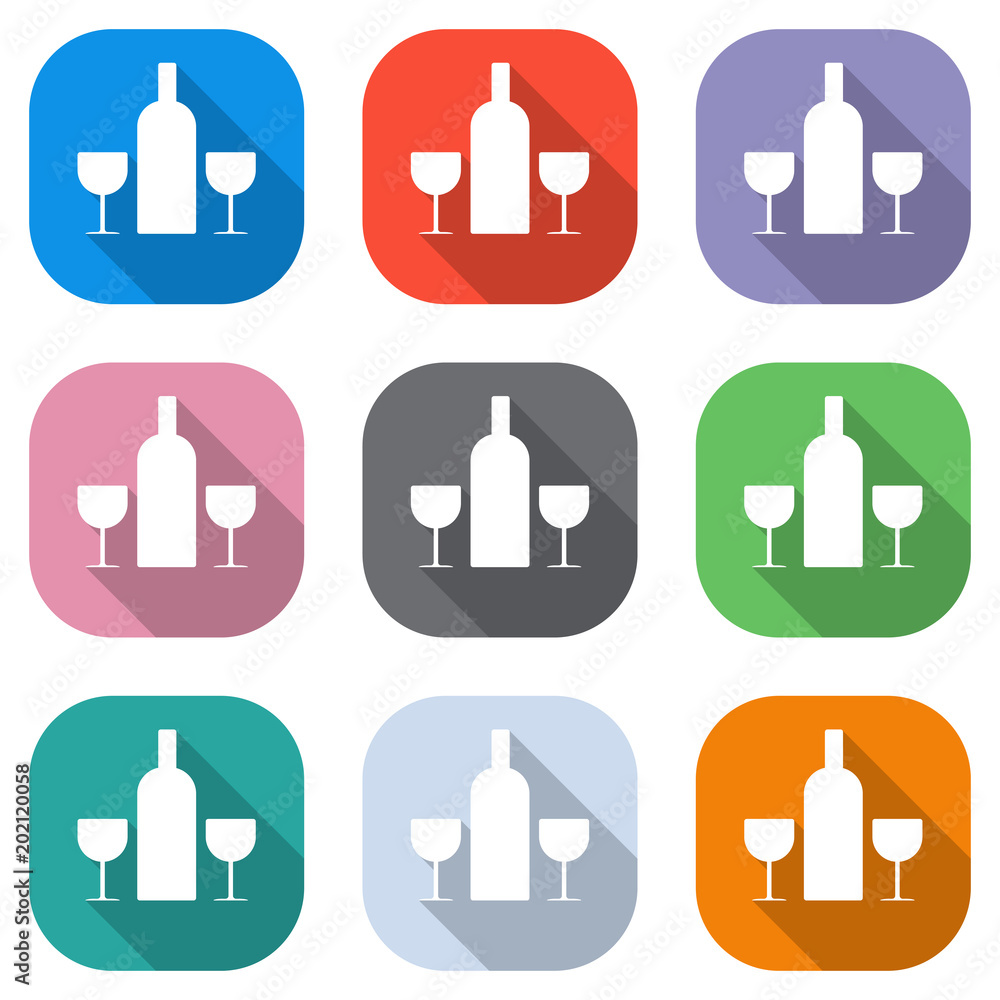 Poster glasses and bottle. set of white icons on colored squares for applications. seamless and pattern for