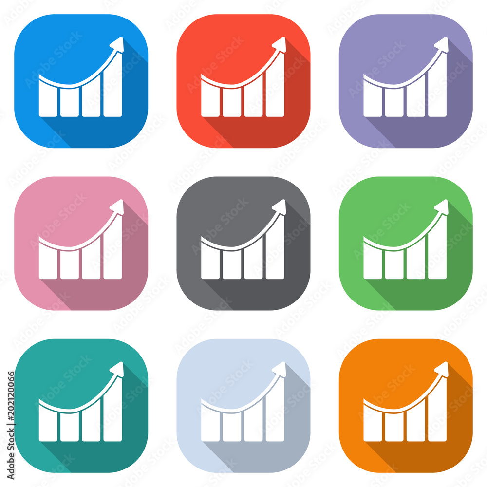 Poster growing bars graphic with rising arrow icon. set of white icons on colored squares for applications.