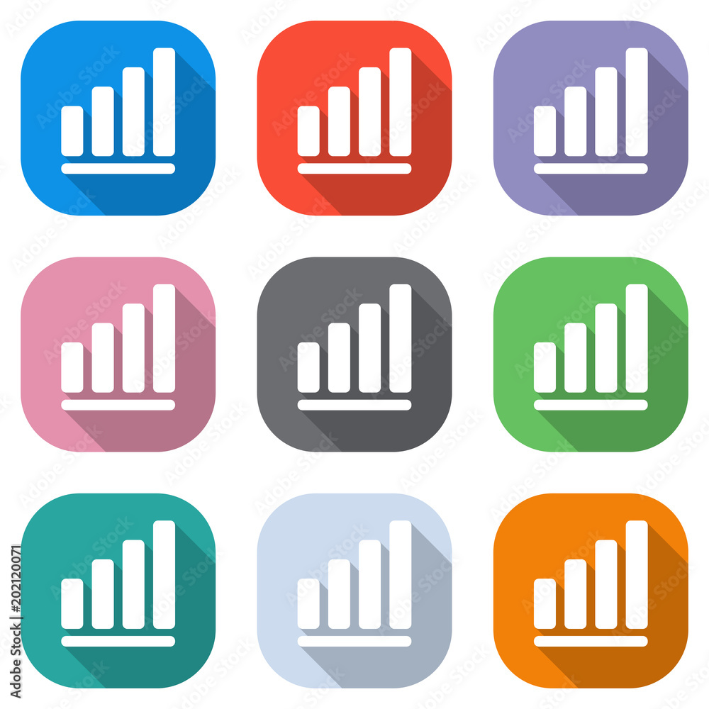 Poster Growing graph line icon. Set of white icons on colored squares for applications. Seamless and pattern for poster
