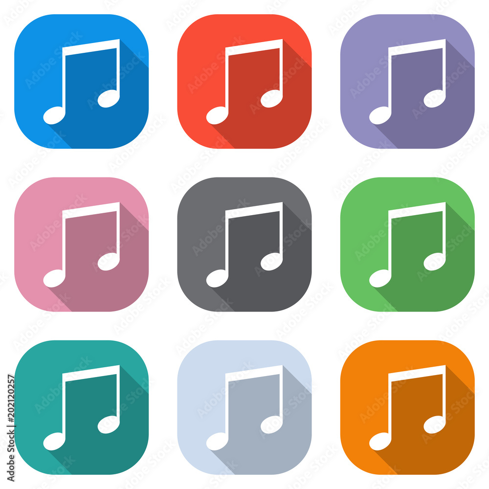 Poster music note icon. set of white icons on colored squares for applications. seamless and pattern for po