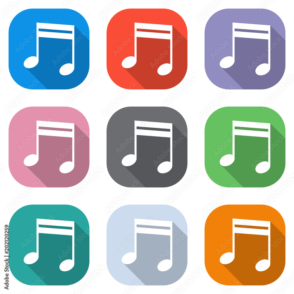 Poster music note icon. set of white icons on colored squares for applications. seamless and pattern for po