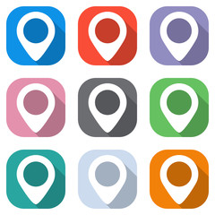 map label icon. Set of white icons on colored squares for applications. Seamless and pattern for poster