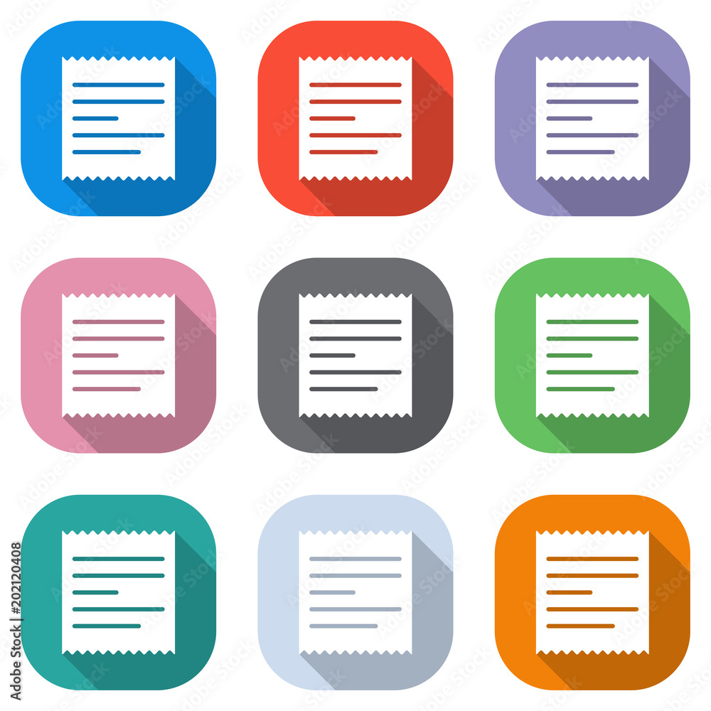 Poster receipt icon. set of white icons on colored squares for applications. seamless and pattern for poste