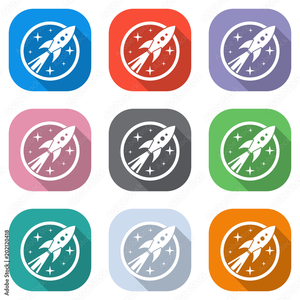 Aufkleber rocket launch with stars in circle icon. set of white icons on colored squares for applications. sea