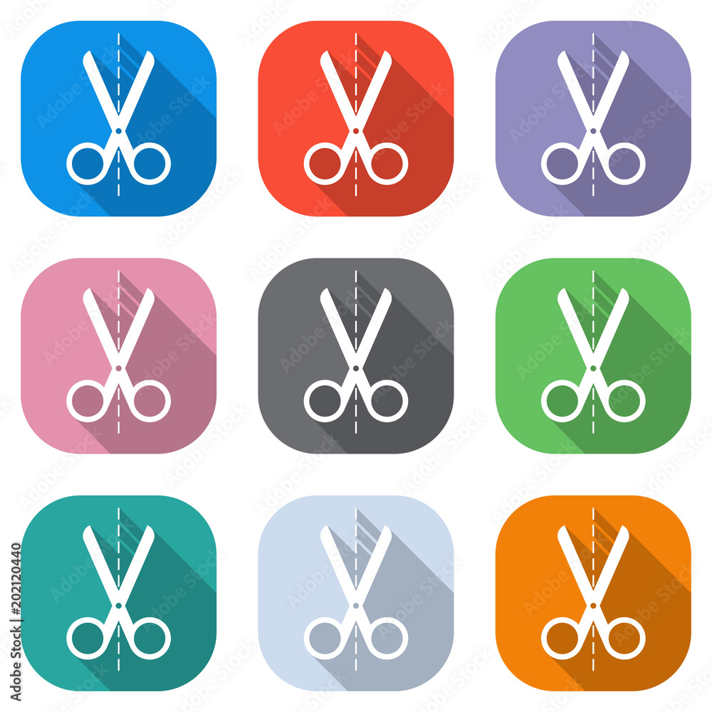 Poster scissors icon. set of white icons on colored squares for applications. seamless and pattern for post