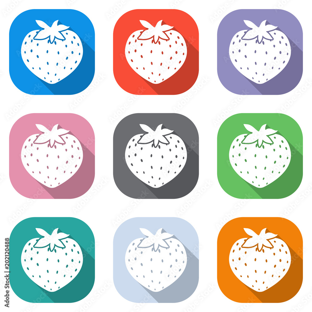 Poster strawberry icon. set of white icons on colored squares for applications. seamless and pattern for po