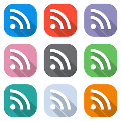 RSS icon. Set of white icons on colored squares for applications. Seamless and pattern for poster