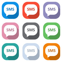 sms icon. Set of white icons on colored squares for applications. Seamless and pattern for poster