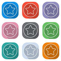 star in circle icon. Set of white icons on colored squares for applications. Seamless and pattern for poster © fokas.pokas