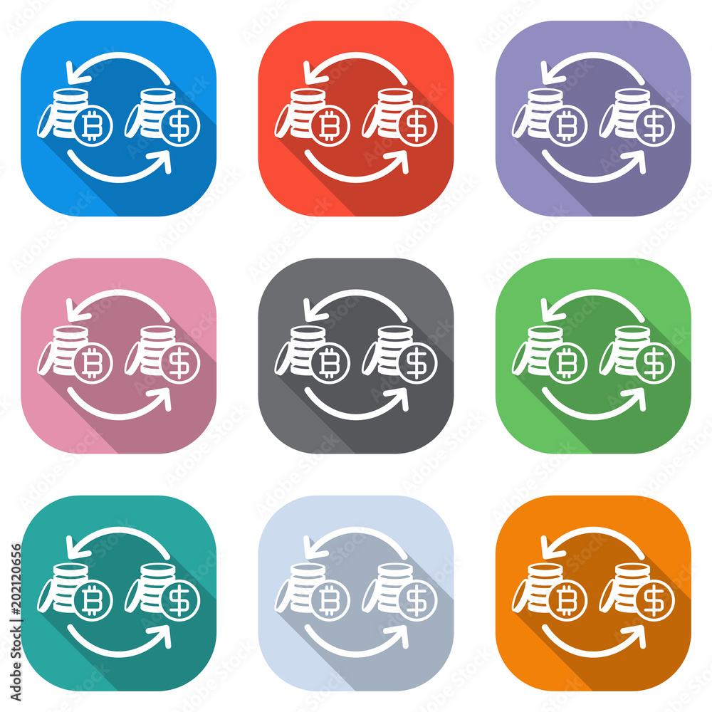 Poster change bitcoin icon. set of white icons on colored squares for applications. seamless and pattern fo