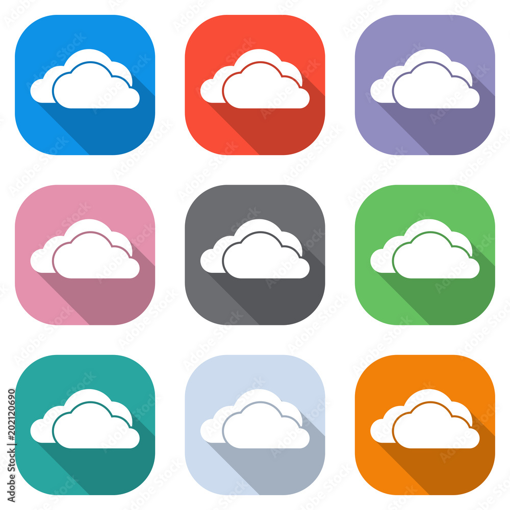Poster cloudy weather icon. set of white icons on colored squares for applications. seamless and pattern fo