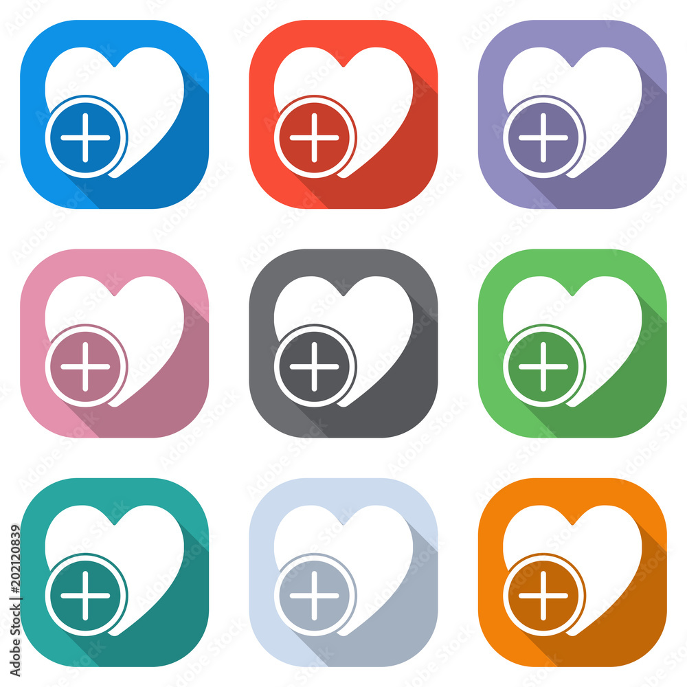 Poster heart and plus. simple silhouette. set of white icons on colored squares for applications. seamless 