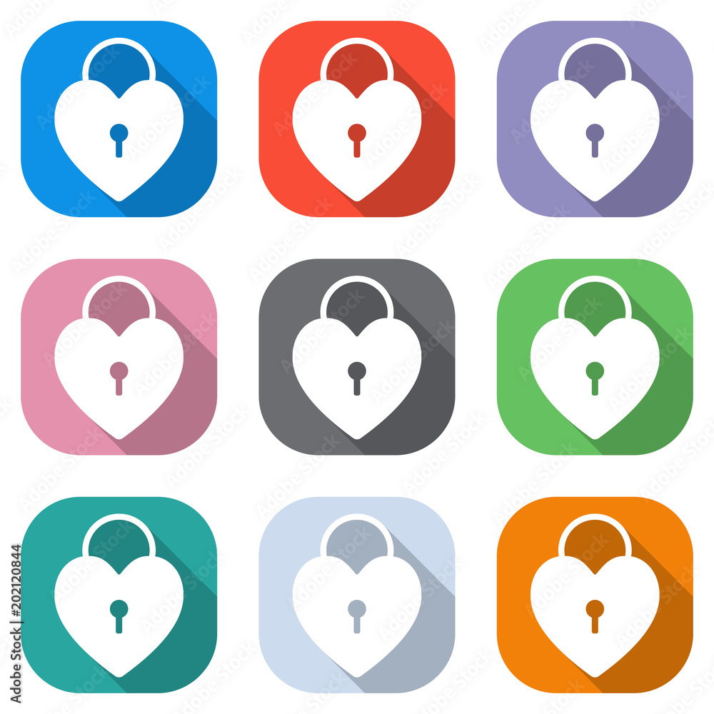 Poster heart lock, padlock. simple silhouette. set of white icons on colored squares for applications. seam