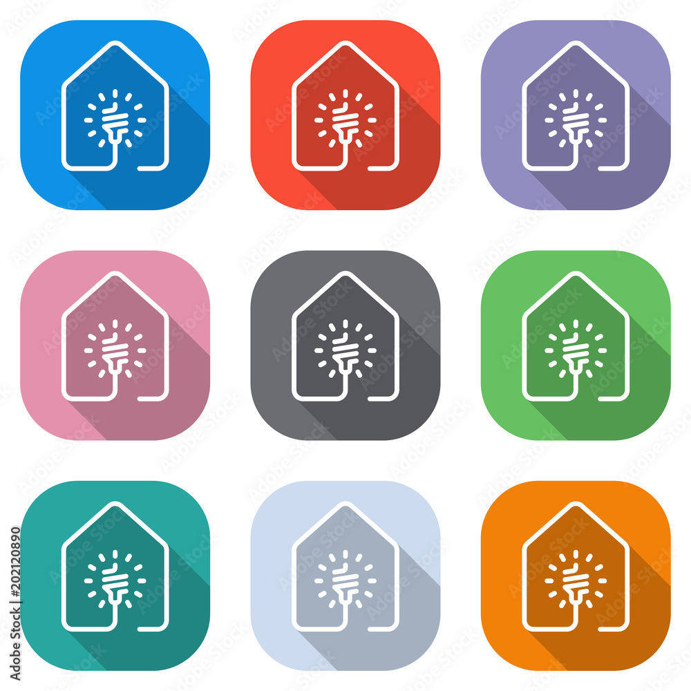 Poster house with led eco lamp icon. line style. set of white icons on colored squares for applications. se