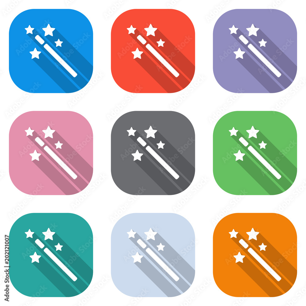 Poster magic wand with stars. simple silhouette. set of white icons on colored squares for applications. se