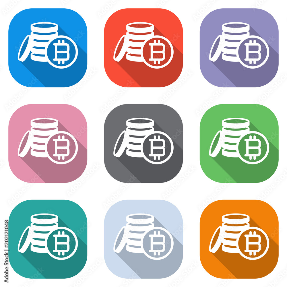 Poster money bitcoin. simple silhouette. set of white icons on colored squares for applications. seamless a