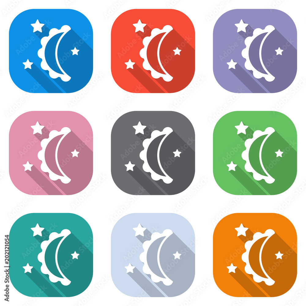 Poster moon and stars. simple silhouette. set of white icons on colored squares for applications. seamless 
