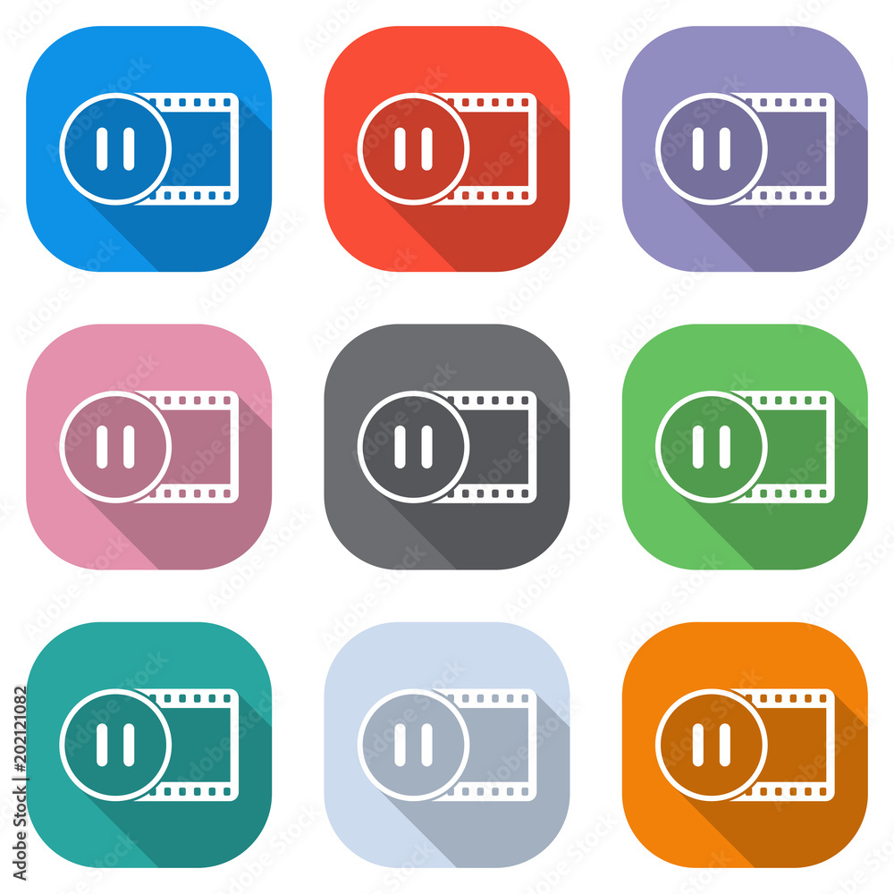 Poster movie strip with pause symbol in circle. simple silhouette. set of white icons on colored squares fo