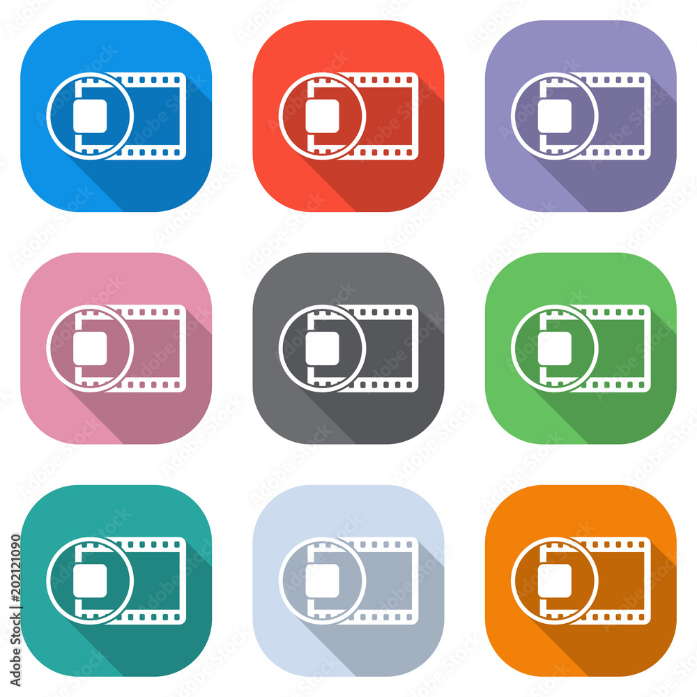 Poster movie strip with stop symbol in circle. simple silhouette. set of white icons on colored squares for