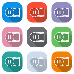 movie strip with pause symbol in circle. simple silhouette. Set of white icons on colored squares for applications. Seamless and pattern for poster