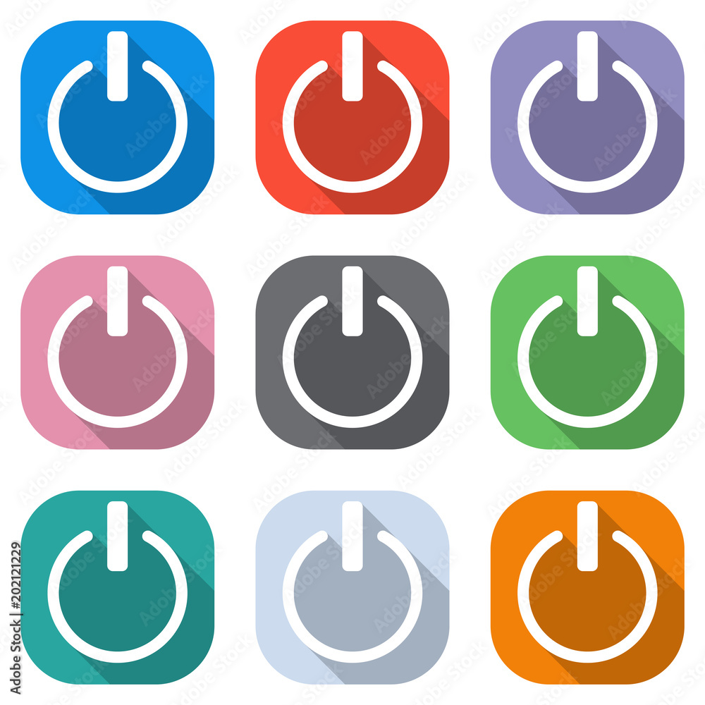 Poster shut down, power. set of white icons on colored squares for applications. seamless and pattern for p
