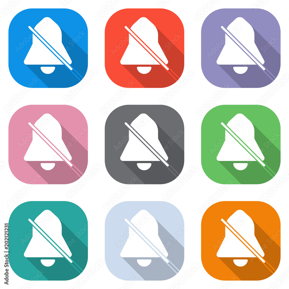 Poster silent bell. simple icon. set of white icons on colored squares for applications. seamless and patte