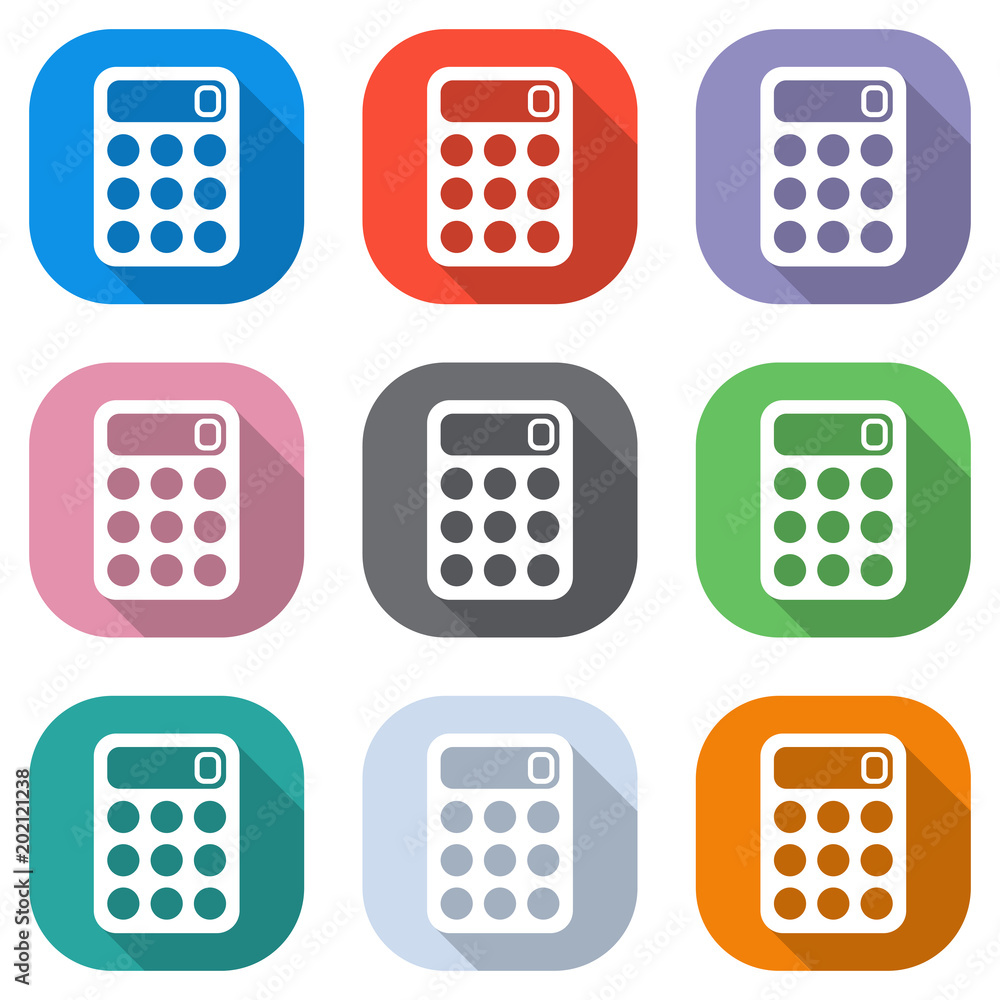 Poster simple calculator icon. set of white icons on colored squares for applications. seamless and pattern