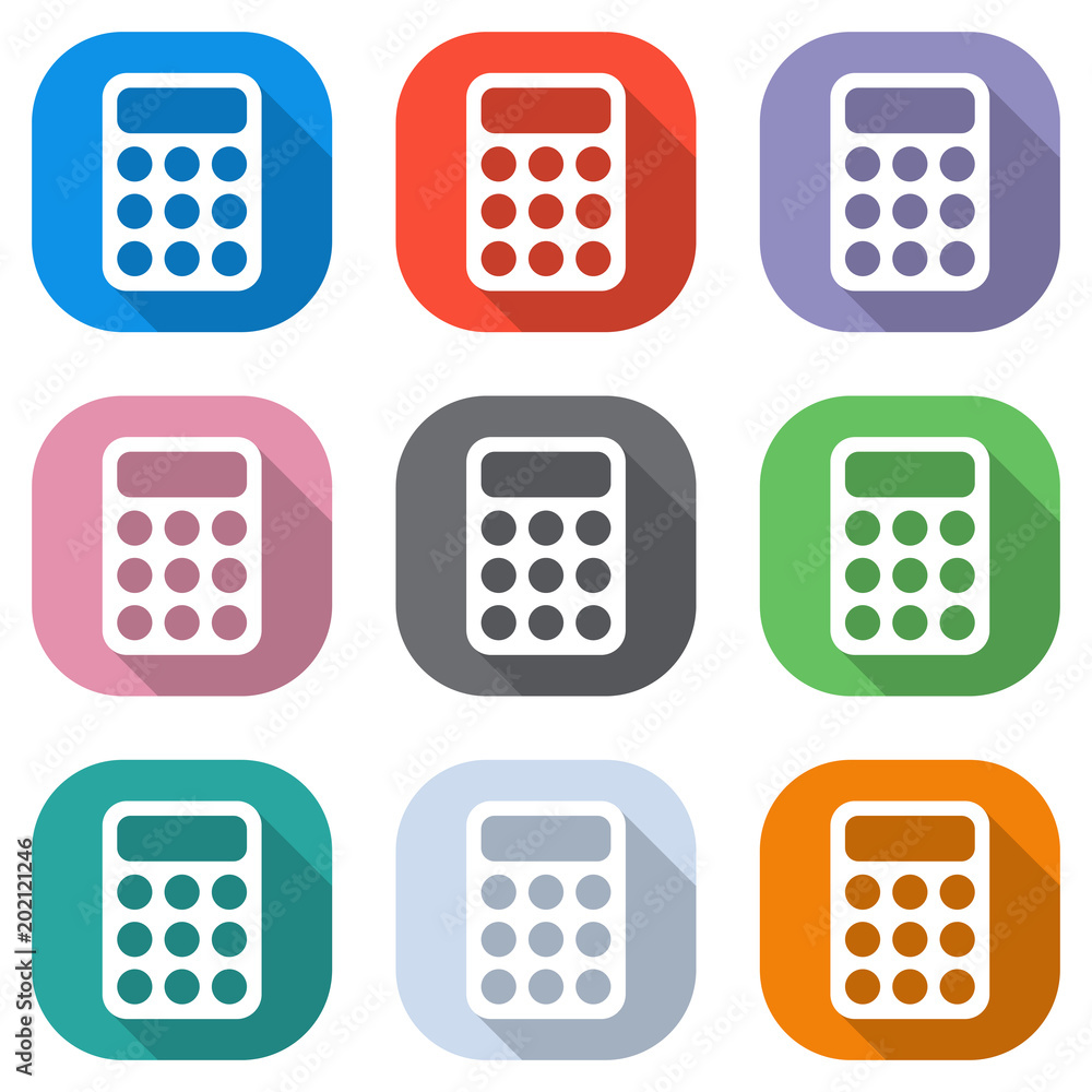 Poster simple calculator icon. set of white icons on colored squares for applications. seamless and pattern