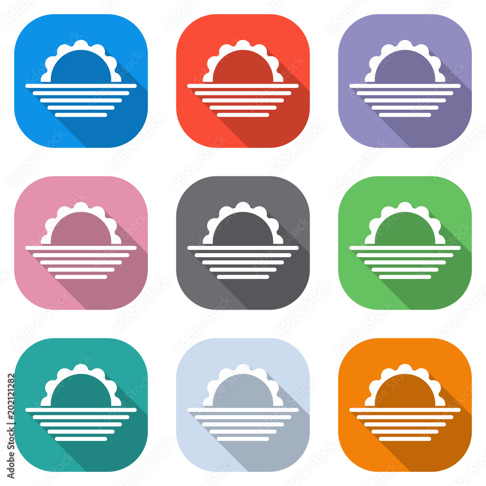 Poster sunrise. simple weather icon. set of white icons on colored squares for applications. seamless and p
